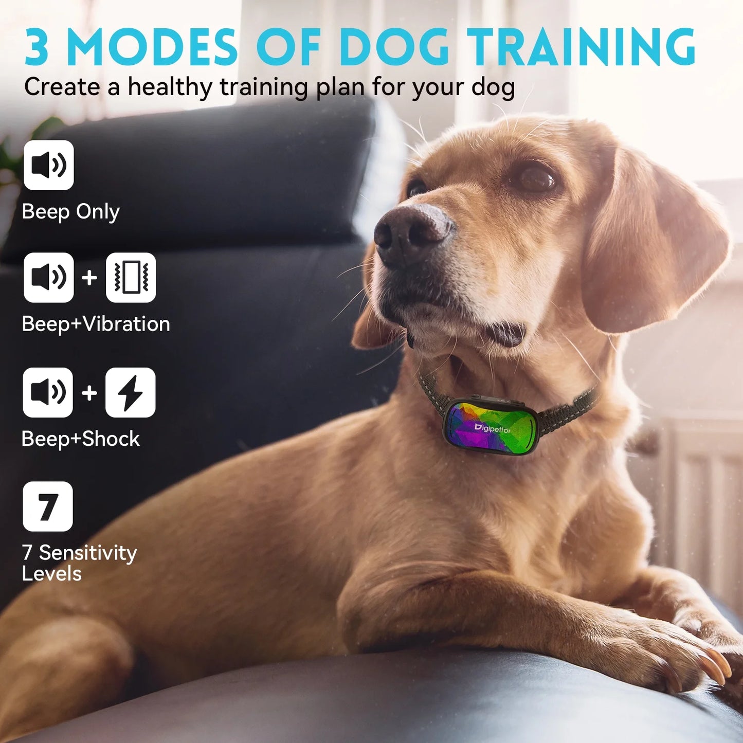 Rechargeable Puppy Collar, Anti-Barking with 7 Levels, Waterproof, for Small to Large Dogs