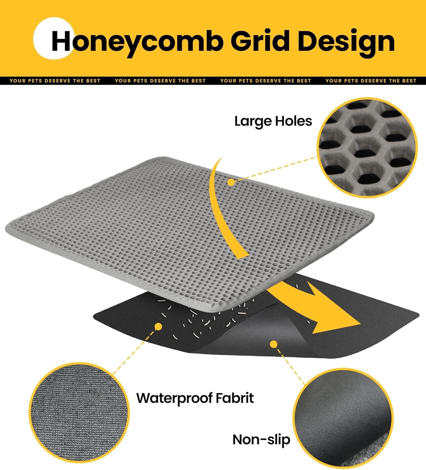 Cat Litter Trapping Mat for Small Spaces, 23.6"X14.6" Space-Saving Litter Box Floor Mat, Hexagon Grids & Anti-Leak Base, Machine Washable, Non-Slip Kitty Matt for Apartment, Gray