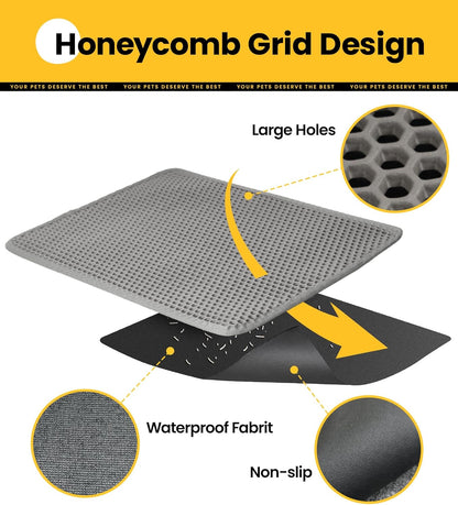 Cat Litter Trapping Mat for Small Spaces, 23.6"X14.6" Space-Saving Litter Box Floor Mat, Hexagon Grids & Anti-Leak Base, Machine Washable, Non-Slip Kitty Matt for Apartment, Gray