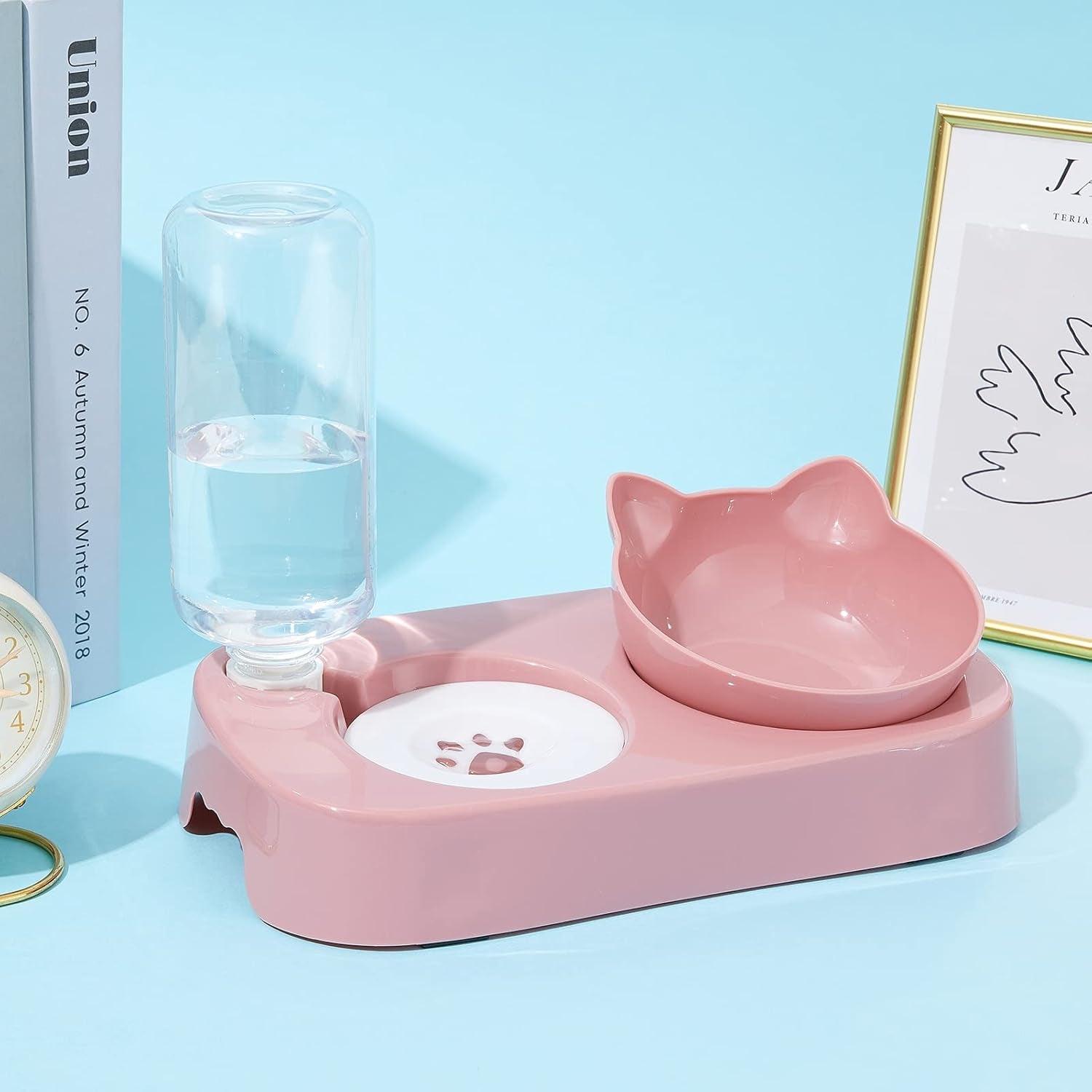 Cat Food and Water Bowl Set.Tilted Raised Cat Food Bowls for Indoor Cats,Automatic Drinking Bowl for Pets.Detachable Elevated Stand.(Pink)