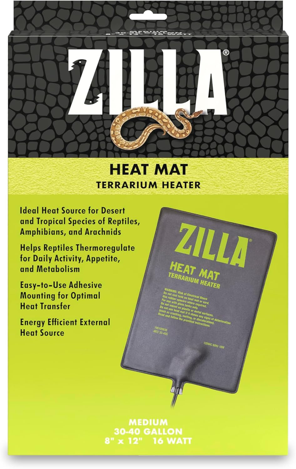 Heat Mat, Terrarium Heater for Reptiles, Snakes (Ball Pythons, Corn Snakes), Leopard Geckos, Tortoises, Amphibians and Arachnids, Medium, Fits 30-40 Gallon, 16 Watt