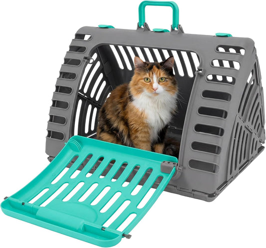 Sportpet X-Large Hard-Sided Travel Cat Carrier - Cat Carrier with Patented Wide Side-Opening Door, Foldable Portable Pet Carrier for Cats & Small Pets up to 35Lbs - Dark Gray/Teal