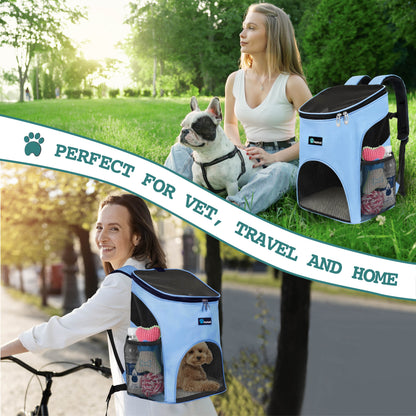 Small Dogs and Cat Backpack Carrier, Airline Approved Pet Backpack Carrier, Ventilated, Safety Strap, Buckle Support Designed for Hiking Travel Camping Outdoor, Max 18 Lbs (Light Blue)