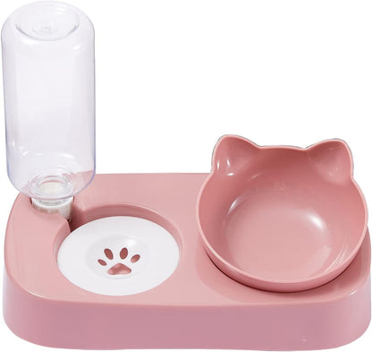 Cat Food and Water Bowl Set.Tilted Raised Cat Food Bowls for Indoor Cats,Automatic Drinking Bowl for Pets.Detachable Elevated Stand.(Pink)