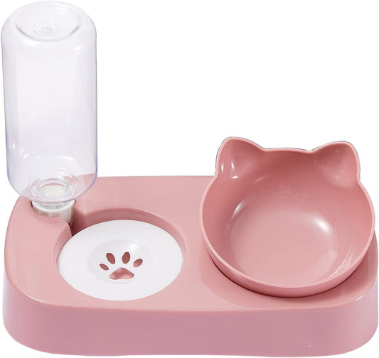 Cat Food and Water Bowl Set.Tilted Raised Cat Food Bowls for Indoor Cats,Automatic Drinking Bowl for Pets.Detachable Elevated Stand.(Pink)