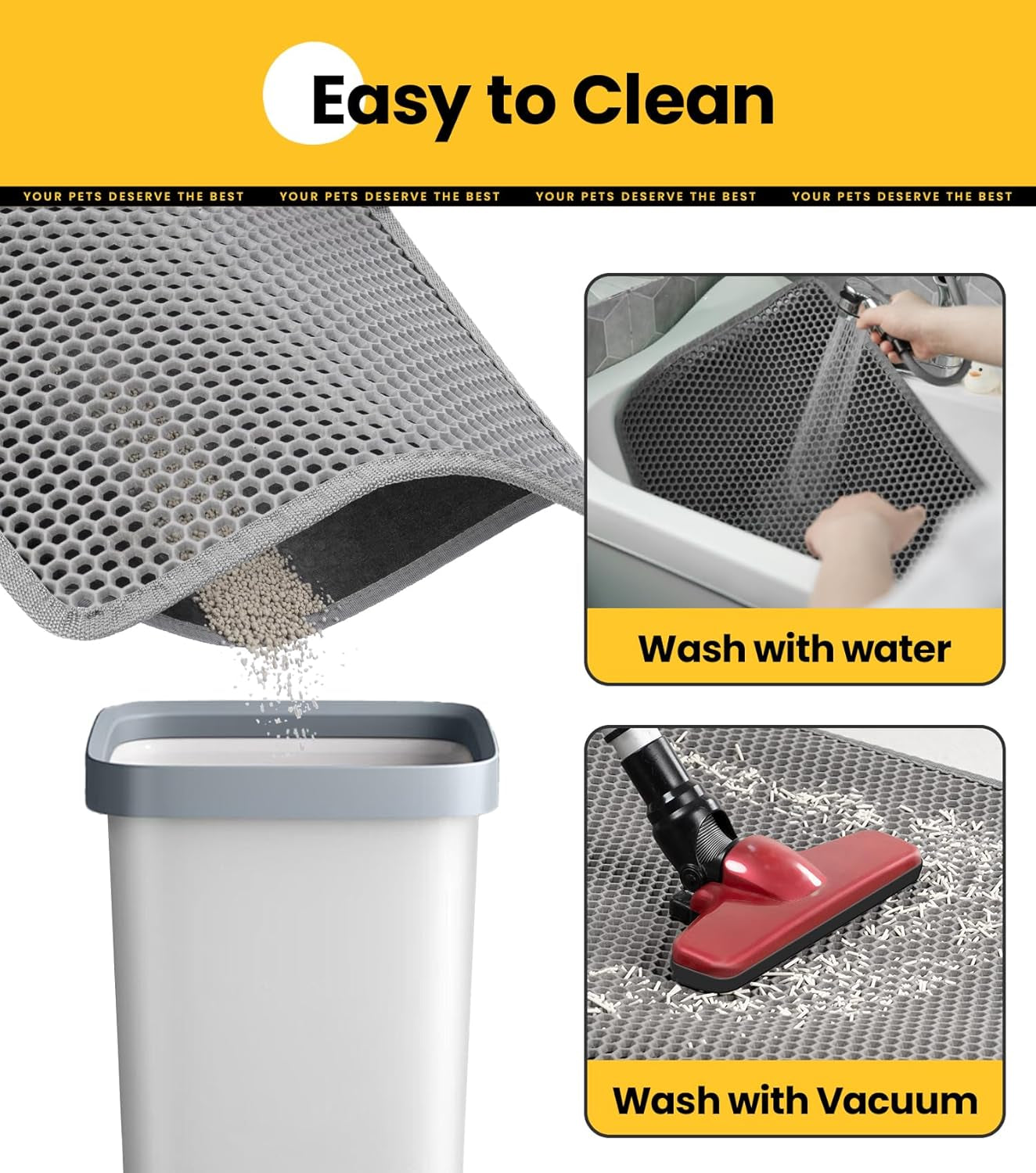 Cat Litter Trapping Mat for Small Spaces, 23.6"X14.6" Space-Saving Litter Box Floor Mat, Hexagon Grids & Anti-Leak Base, Machine Washable, Non-Slip Kitty Matt for Apartment, Gray