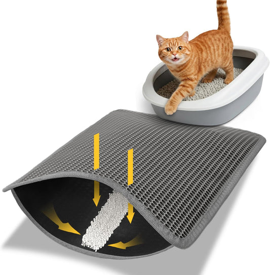 Cat Litter Trapping Mat for Small Spaces, 23.6"X14.6" Space-Saving Litter Box Floor Mat, Hexagon Grids & Anti-Leak Base, Machine Washable, Non-Slip Kitty Matt for Apartment, Gray