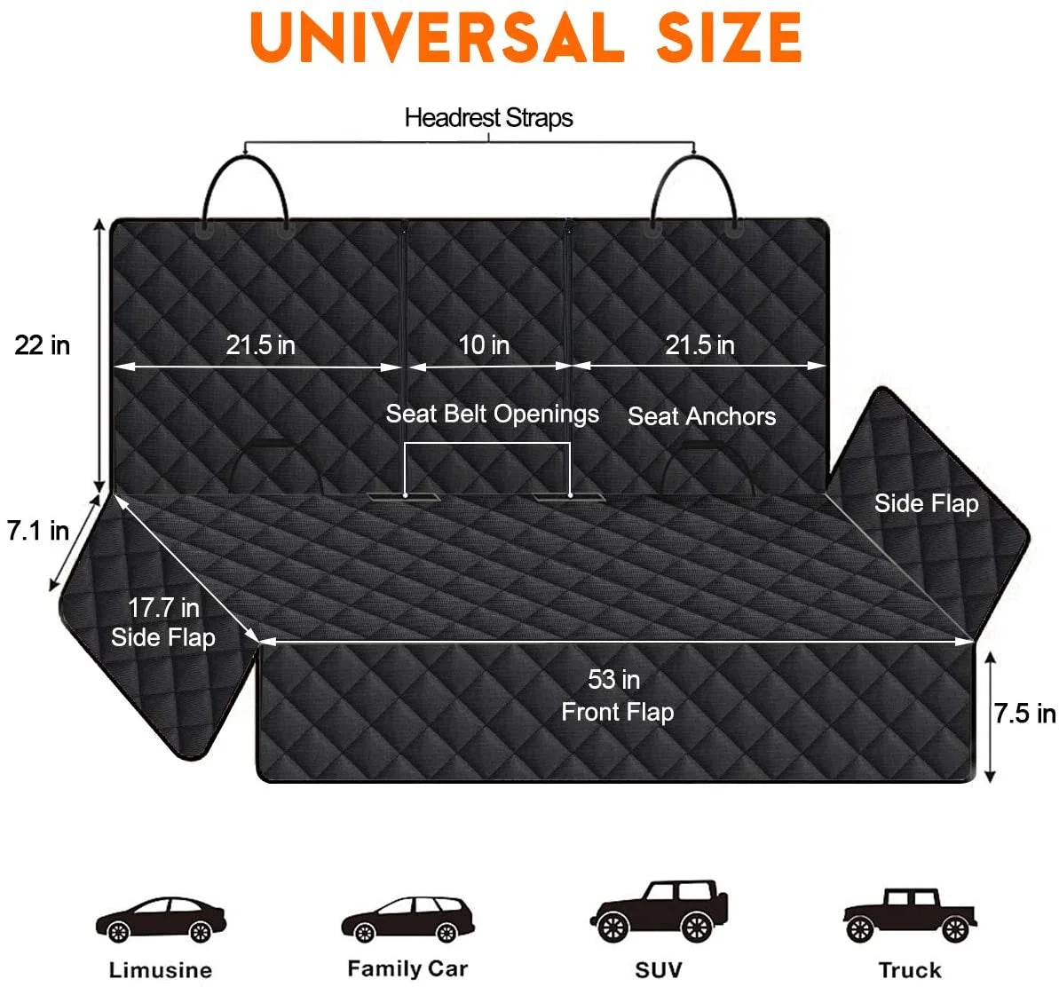 Pet Dog Car Seat Cover for Back Seat Truck Seat Waterproof Protective Cover with 2 Safety Straps - Black