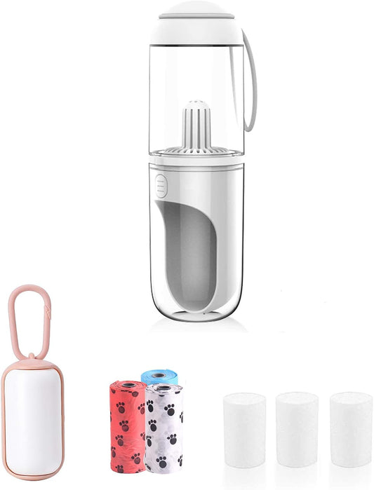 Portable Dog Pet Travel Water Bottle Leak-Proof Drinking Cat Cup with 3PCS PP Conton Filter & Pet Dog Poop Bag Dispenser with 3 Rolls Waste Bags for Pets Outdoor Walking Hiking Travel (White)