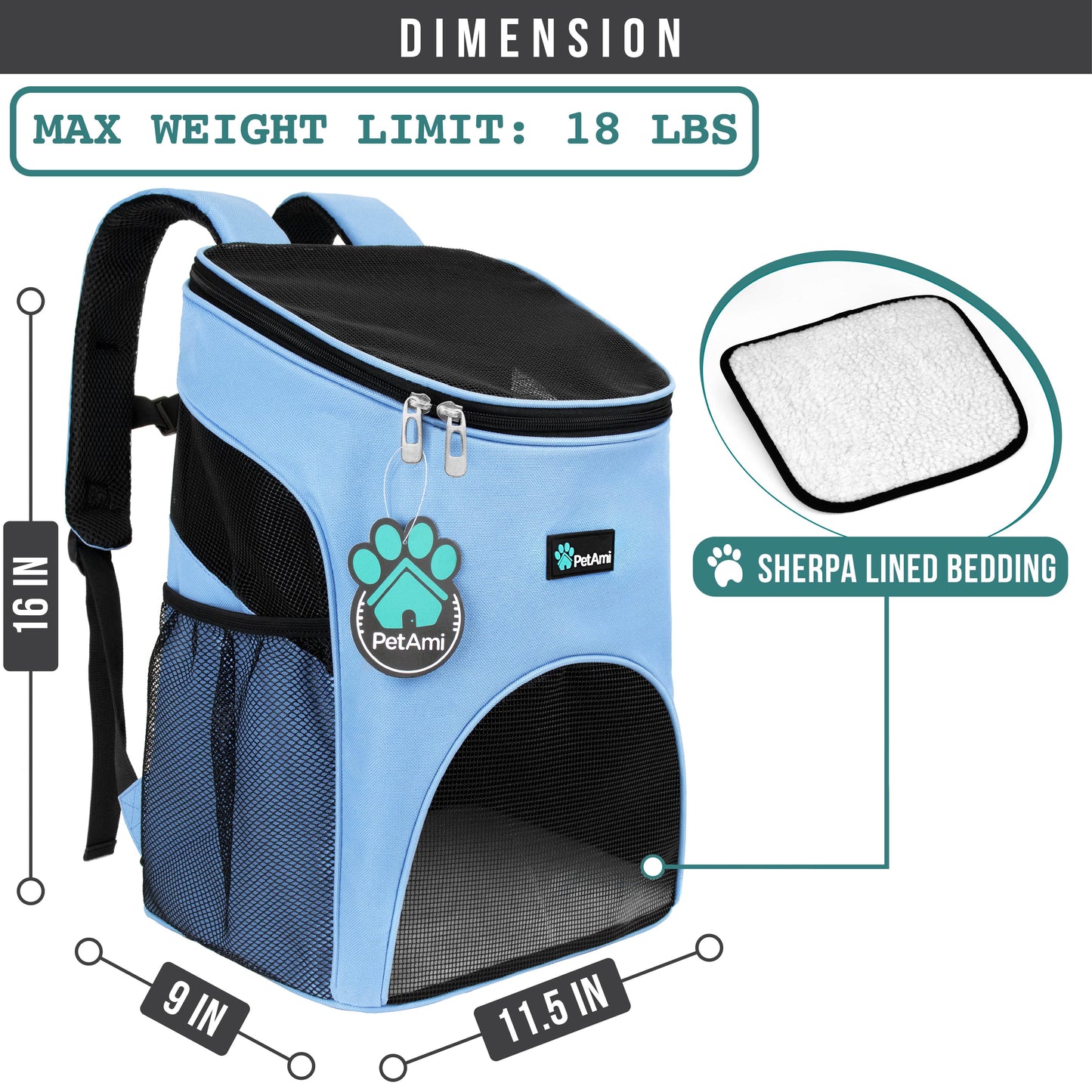 Small Dogs and Cat Backpack Carrier, Airline Approved Pet Backpack Carrier, Ventilated, Safety Strap, Buckle Support Designed for Hiking Travel Camping Outdoor, Max 18 Lbs (Light Blue)