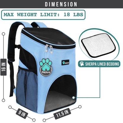 Small Dogs and Cat Backpack Carrier, Airline Approved Pet Backpack Carrier, Ventilated, Safety Strap, Buckle Support Designed for Hiking Travel Camping Outdoor, Max 18 Lbs (Light Blue)