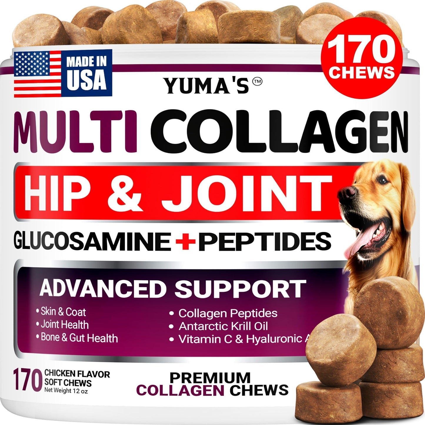 Collagen for Dogs Hip and Joint Supplement Skin and Coat 170 Soft Chews
