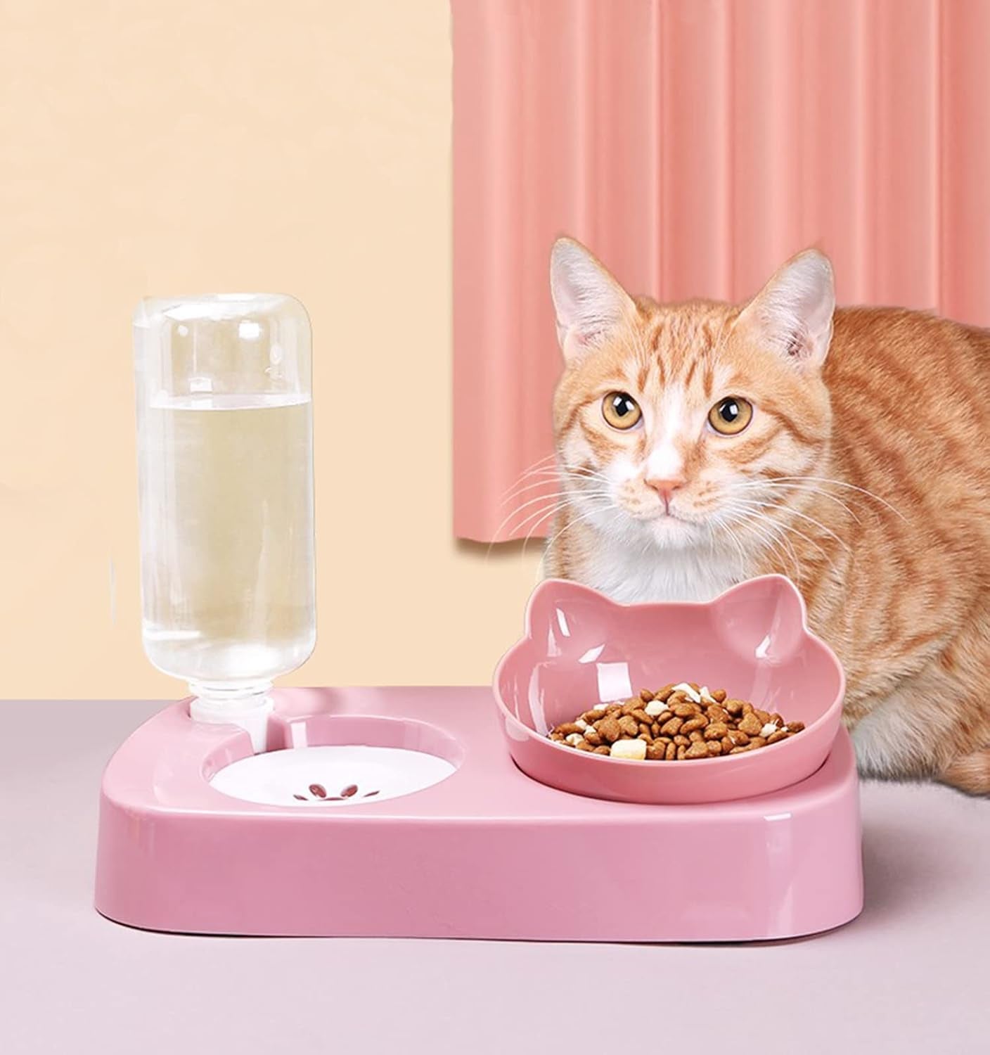 Cat Food and Water Bowl Set.Tilted Raised Cat Food Bowls for Indoor Cats,Automatic Drinking Bowl for Pets.Detachable Elevated Stand.(Pink)