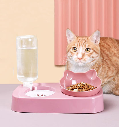 Cat Food and Water Bowl Set.Tilted Raised Cat Food Bowls for Indoor Cats,Automatic Drinking Bowl for Pets.Detachable Elevated Stand.(Pink)