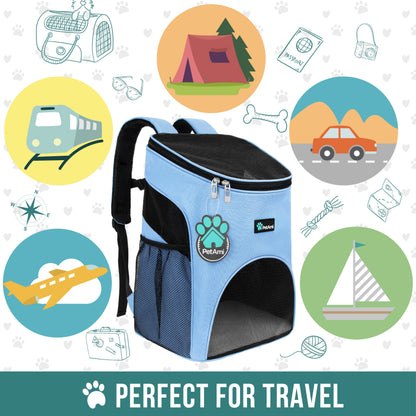 Small Dogs and Cat Backpack Carrier, Airline Approved Pet Backpack Carrier, Ventilated, Safety Strap, Buckle Support Designed for Hiking Travel Camping Outdoor, Max 18 Lbs (Light Blue)