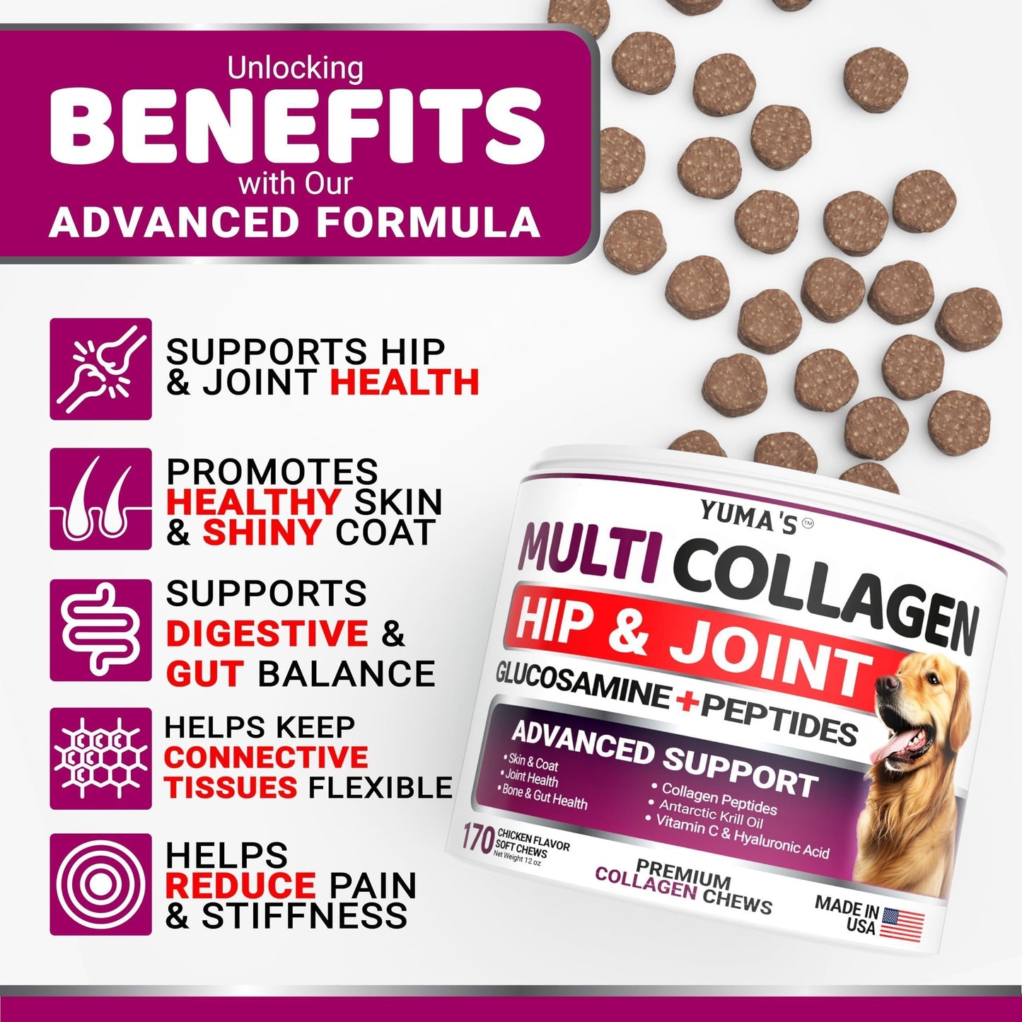 Collagen for Dogs Hip and Joint Supplement Skin and Coat 170 Soft Chews