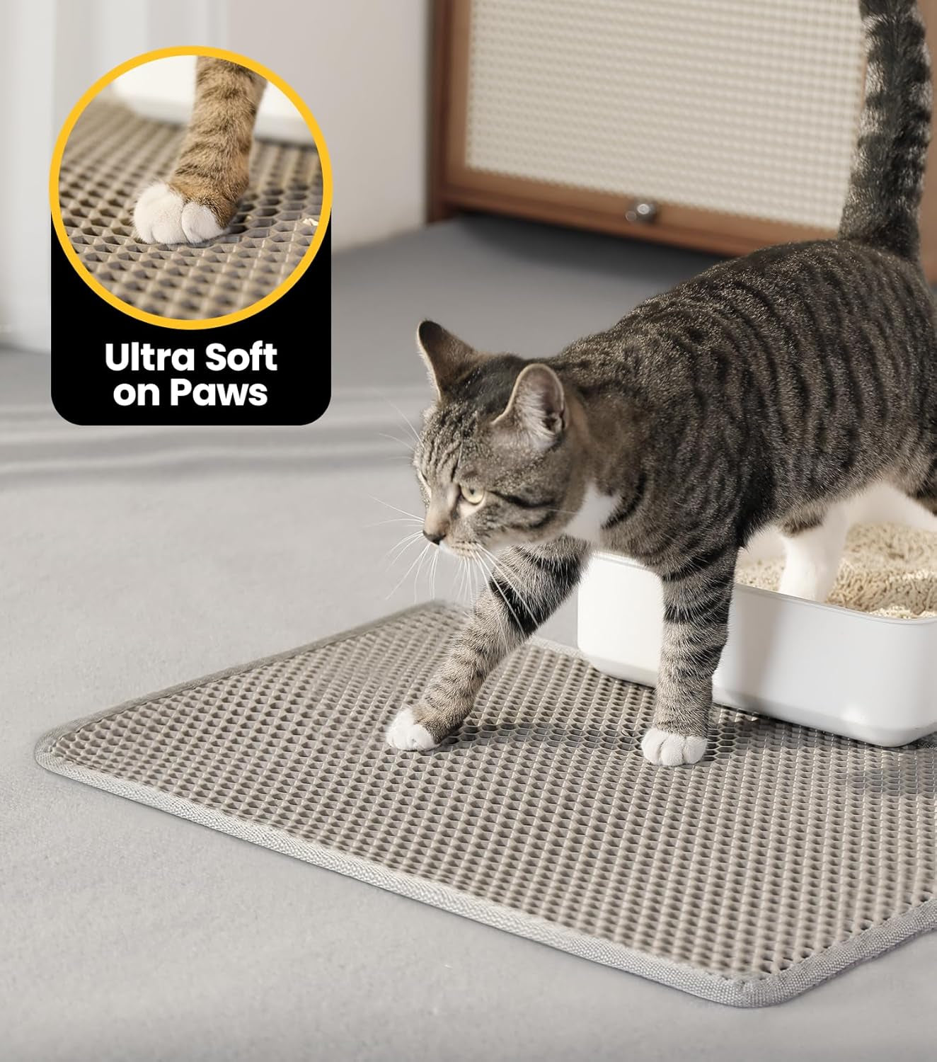 Cat Litter Trapping Mat for Small Spaces, 23.6"X14.6" Space-Saving Litter Box Floor Mat, Hexagon Grids & Anti-Leak Base, Machine Washable, Non-Slip Kitty Matt for Apartment, Gray