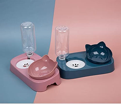 Cat Food and Water Bowl Set.Tilted Raised Cat Food Bowls for Indoor Cats,Automatic Drinking Bowl for Pets.Detachable Elevated Stand.(Pink)